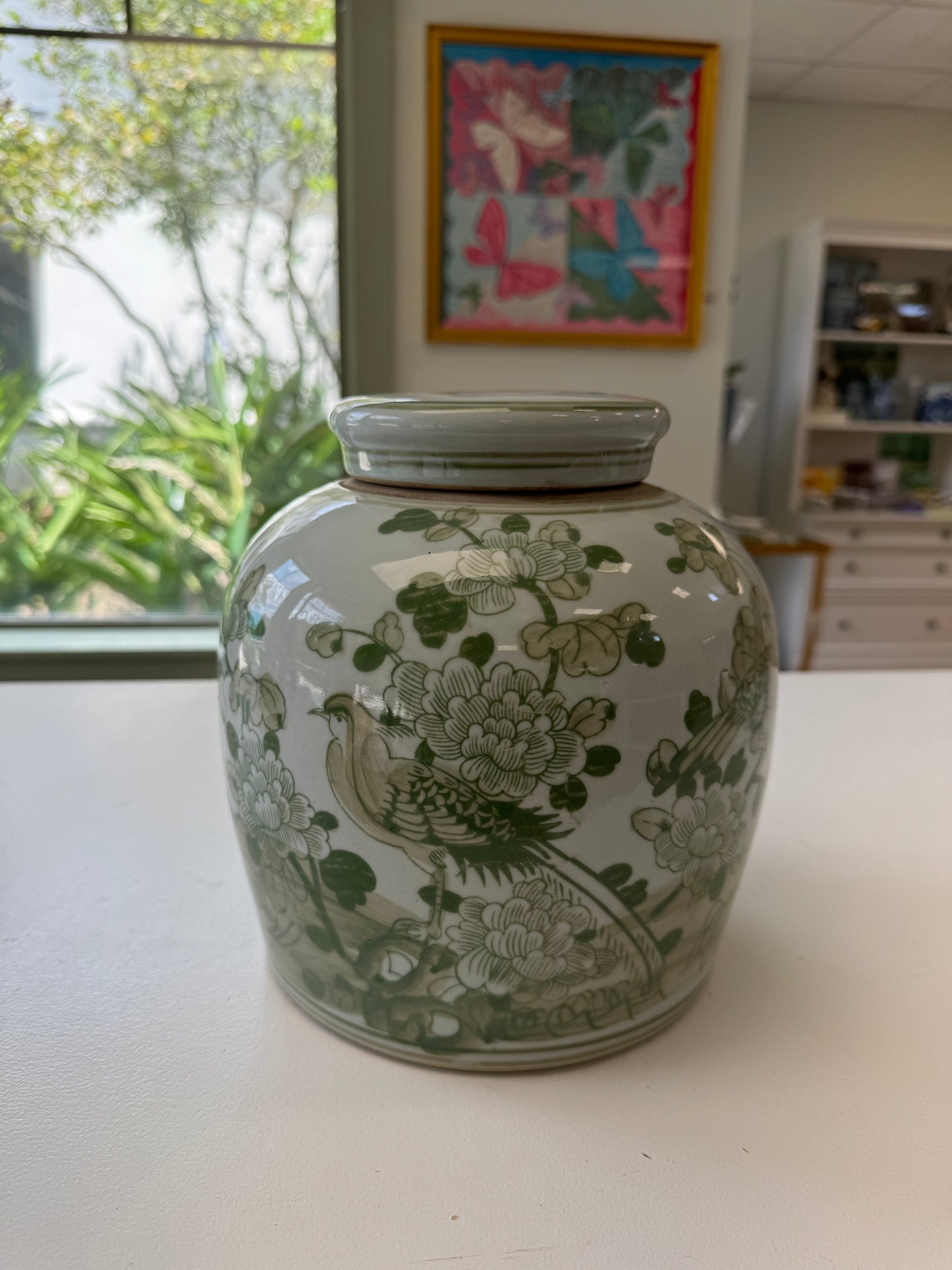 Bird And Flower Green + White Porcelain Jar