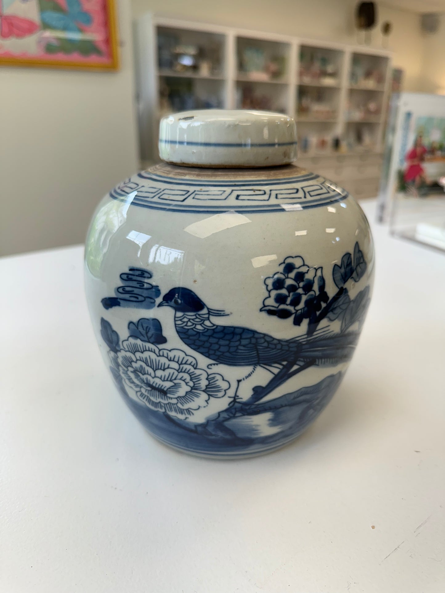 Blue + White Porcelain Pheasant Lidded Round Jar